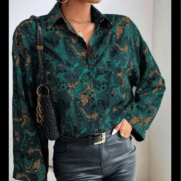 Boho Floral Paisley Print Button Down Shirt Top Blouse Green - Picture 2 of 5